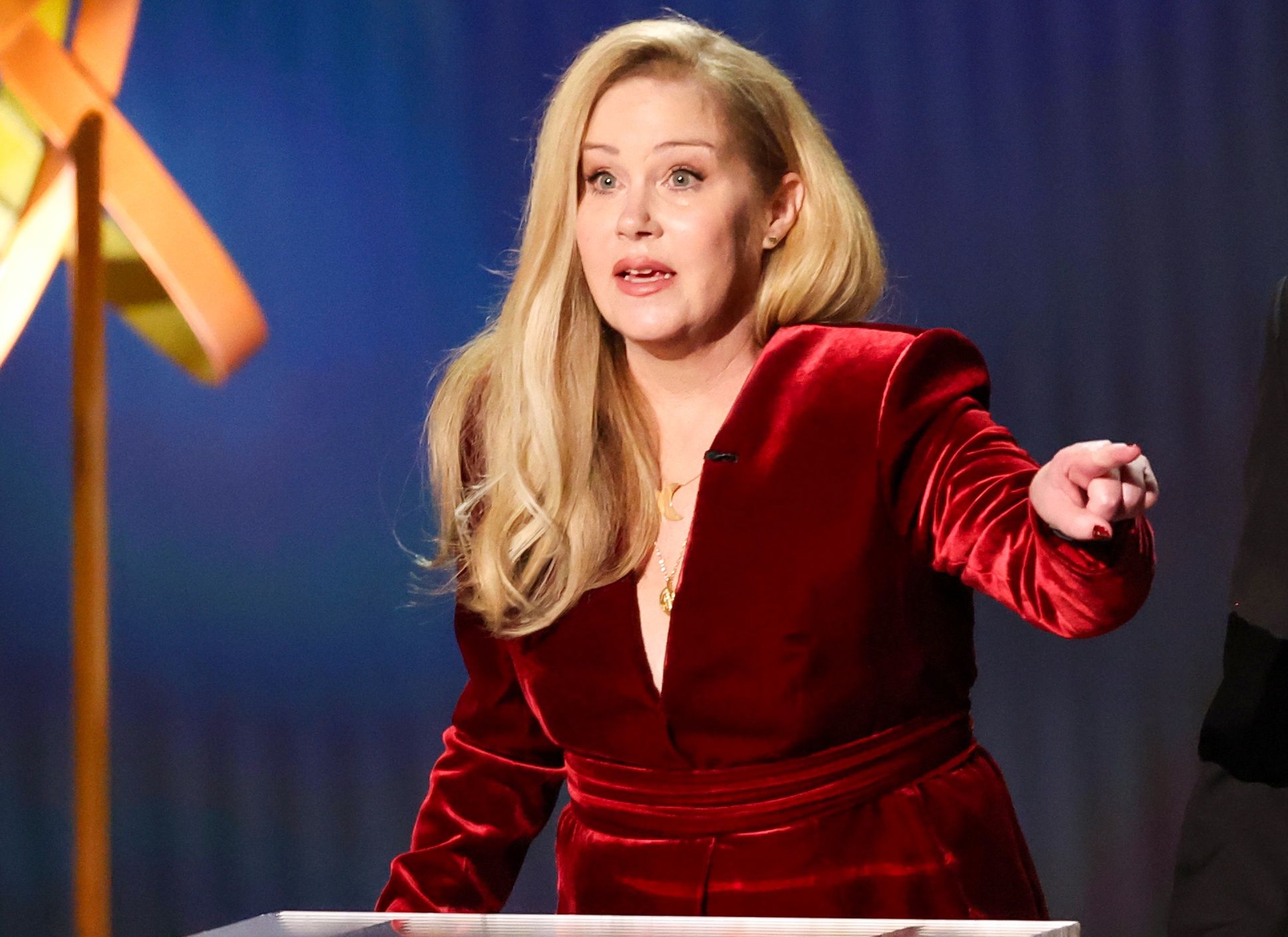 75th Primetime Emmy Awards - ShowLOS ANGELES, CALIFORNIA - JANUARY 15: Christina Applegate (L) speaks speaks onstage during the 75th Primetime Emmy Awards at Peacock Theater on January 15, 2024 in Los Angeles, California. (Photo by Monica Schipper/WireImage)Monica Schipper