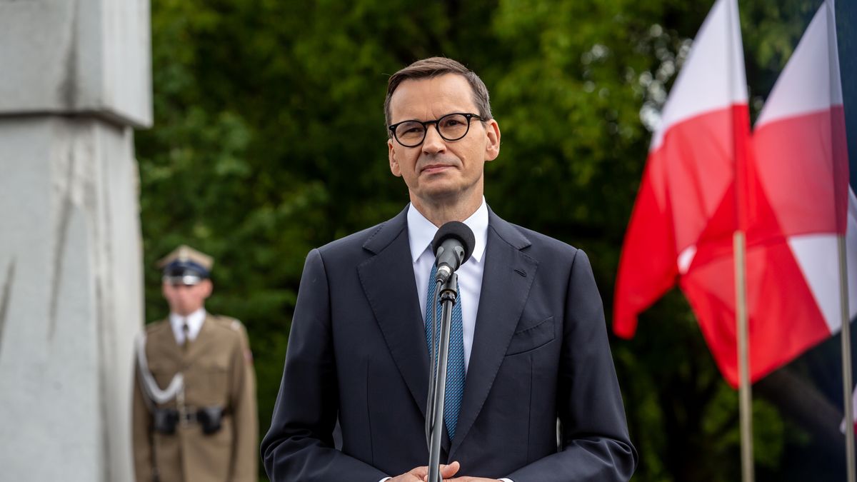 Prime Minister of Poland, Mateusz Morawiecki speaks during National Day of Remembrance of the Victims of the Genocide of the Citizens of the Polish Republic committed by Ukrainian Nationalists during the II World War in todays Wester Ukraine held at Wolhynia Square in Warsaw on July 11, 2022.  Polish citizens were minority in todays Wester Ukraine (during IIWW a part of Poland called Eastern Galicia). Polish citizens were executed in 1930. and 1940 by Ukrainian nationalists who aimed at creating independent state. The apogee of genocide took place on July 11, 1943, when 99 settlements inhabited by Poles were simultaneously attacked by Ukrainians in Volhynia region. The difficult history between Poland and Ukraine has never been fully resolved and todays Polish support in Ukrainians straggle agains Russia gives the history a new light. (Photo by Dominika Zarzycka/NurPhoto via Getty Images)