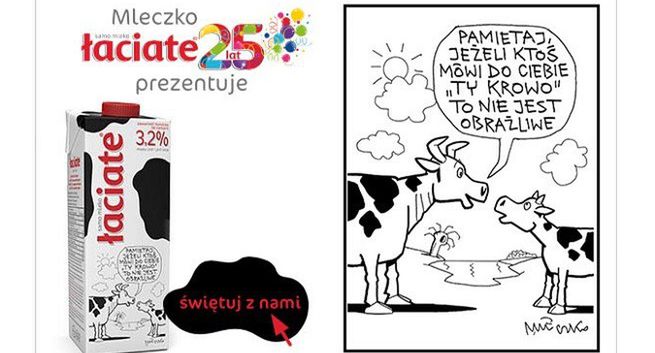 Rysunki Andrzeja Mleczki na opakowaniach mleka Łaciate