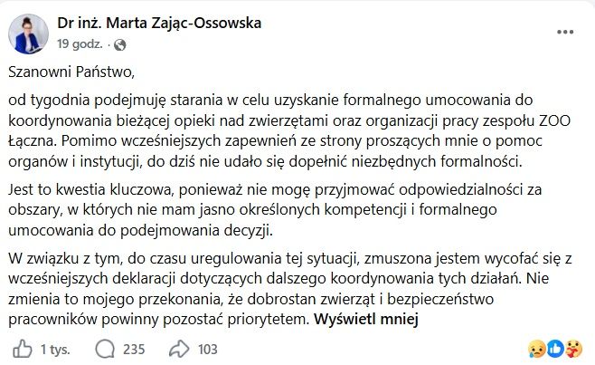 Ekspertka, która miała koordynować opiekę nad zwierzętami w zoo w Łącznej ogłosiła, że rezygnuje