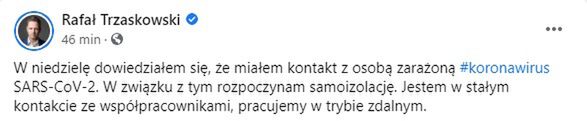 Rafał Trzaskowski na kwarantannie