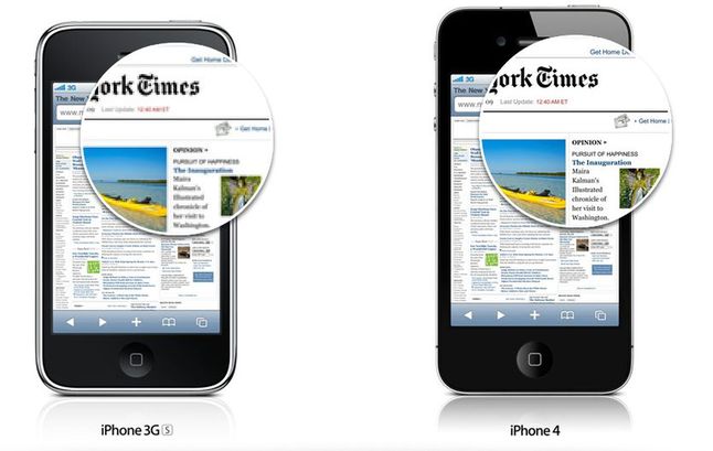 Różnica w ostrości ekranów iPhone 3Gs i iPhone'a 4 z panelem Retina