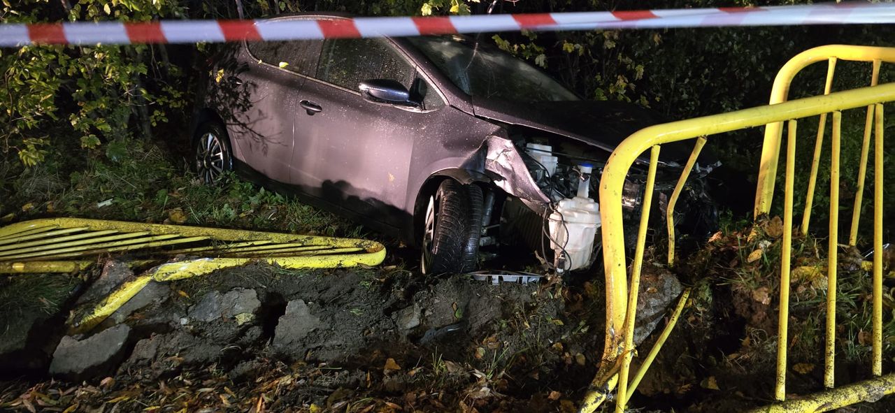 Niebezpieczny poślizg na łuku drogi – auto zakończyło jazdę w krzakach