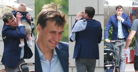 Elegancki Jarosław Bieniuk spaceruje z małym Kazikiem w towarzystwie... ojca Martyny Gliwińskiej (ZDJĘCIA)