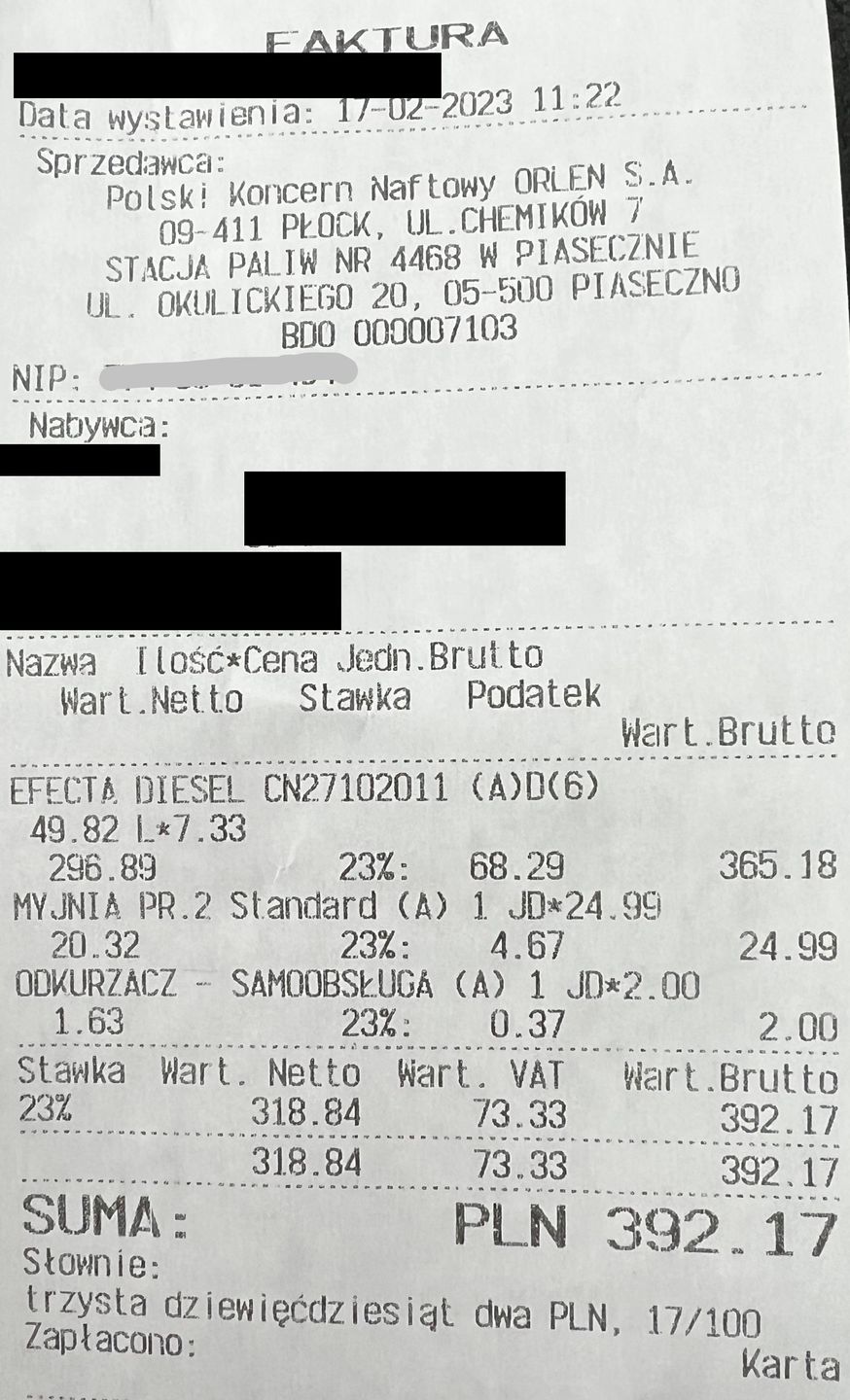 Nasz czytelnik pokazał fakturę z Orlenu z lutego br. 