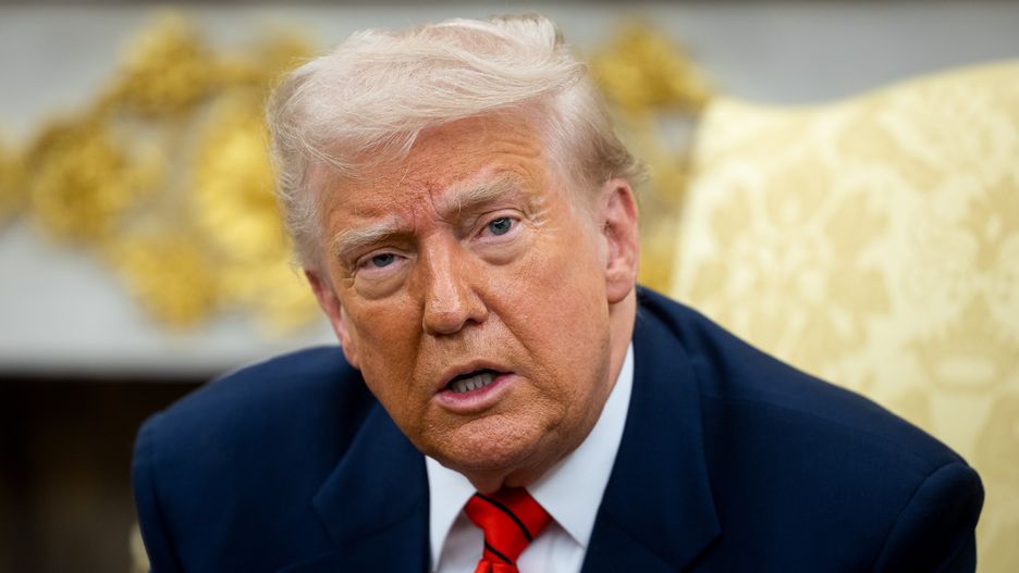 US President Donald Trump during a meeting with Mark Carney, Canada's prime minister, not pictured, in the Oval Office of the White House in Washington, DC, US, on Tuesday, May 6, 2025. The in-person meeting carries high stakes for Carney, who led his Liberal Party to a stunning victory by promising to win the trade war with the US and protect Canadian sovereignty in the face of US aggression. Photographer: Francis Chung/Politico/Bloomberg via Getty Images