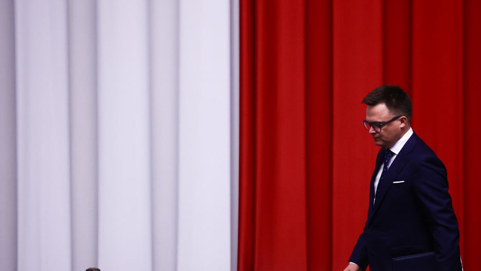Marshal of Parliament Szymon Holownia before Donald Tusk programme speech as Prime Minister at Polish Parliament in Warsaw, Poland on December 12, 2023. (Photo by Jakub Porzycki/NurPhoto via Getty Images)
