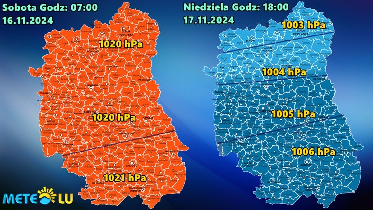 Mapa prognozowanego ciśnienia w województwie lubelskim 16-17 listopada 2024