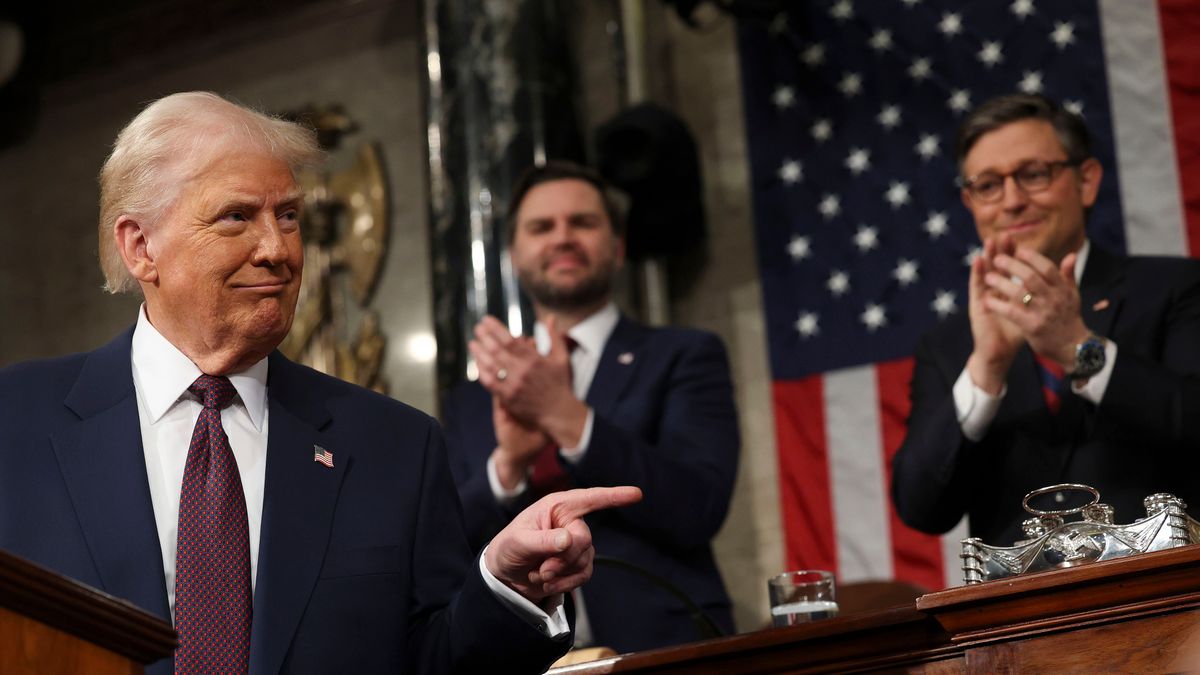 US President Donald Trump, from left, US Vice President JD Vance, and US House Speaker Mike Johnson, a Republican from Louisiana, during a joint session of Congress in the House Chamber of the US Capitol in Washington, DC, US, on Tuesday, March 4, 2025. Donald Trump's primetime address Tuesday night from Capitol Hill, billed as a chronicle of his "Renewal of the American Dream," comes at a critical juncture early in his second term, as voters who elected him to tackle inflation and improve the economy are beginning to weigh the impact of his agenda. Photographer: Win McNamee/Getty Images/Bloomberg via Getty Images