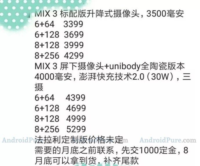 Tak podobno mają prezentować się wersje pojemnościowe Xiaomi Mi MIX 3 i ich wyceny