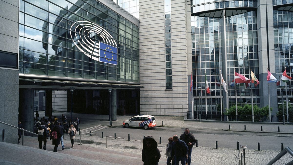 BRUSSELS, BELGIUM - APRIL 24: Visitors walks on the stairs in front of the Paul-Henri-Spaak (PHS) building designed by Michel Boucquillon on April 24, 2023 in Brussels, Belgium. The European Parliament (EP) is the legislative body of of the European Union (EU) elected by direct universal suffrage. (Photo by Thierry Monasse/Getty Images)