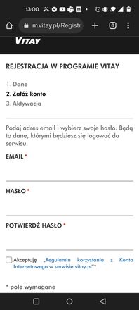 Vitay: podajemy adres mail i ustalamy hasło logowania