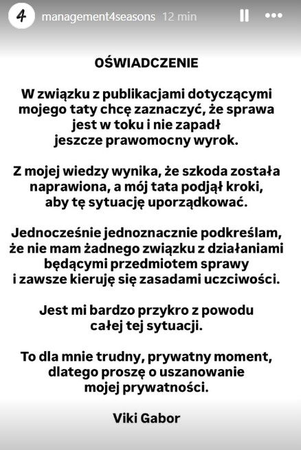 Oświadczenie Viki Gabor na Instagramie