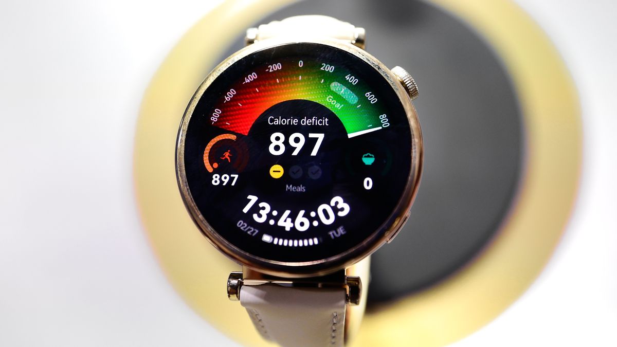 A Huawei Watch GT4 41mm is on display, showing its calorie-count monitoring interface at the Mobile World Congress 2024 in Barcelona, Spain, on March 9, 2024. The smartwatch, created by the Chinese multinational technology company, is being showcased under the slogan ''Fashion Forward.'' (Photo by Joan Cros/NurPhoto via Getty Images)