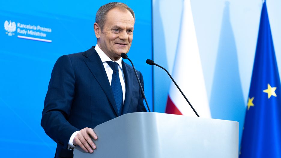 Polish Prime Minister Donald Tusk is making a statement to the press after the Council of Ministers meeting in Warsaw, Poland, on March 19, 2024. (Photo by Andrzej Iwanczuk/NurPhoto via Getty Images)