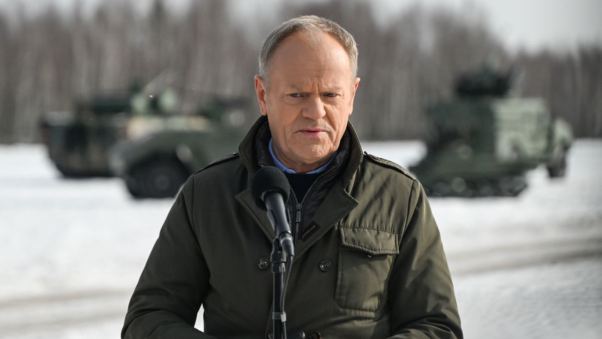 ZIELONKA, POLAND  FEBRUARY 19: Polish Prime Minister Donald Tusk speaks to the media after observing 'Open Tests of Unmanned Weapon Systems' at the Military Institute of Armament Technology (WITU) training ground in Zielonka, Poland, on February 19, 2026. During the visit, Tusk highlighted advancements in domestic autonomous and counter-drone technologies, such as the SAN anti-drone system, and announced that Poland would be capable of mining its eastern border within 48 hours following its withdrawal from the Ottawa Convention. (Photo by STR/NurPhoto via Getty Images)