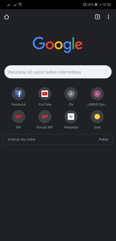 Ciemny motyw w Chrome widać m.in. na stronie startowej.