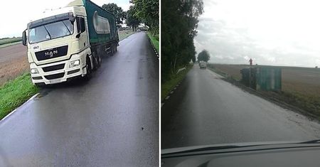 Ciężarówka przewożąca odpady zjechała na pobocze i przewróciła się. Mamy nagranie