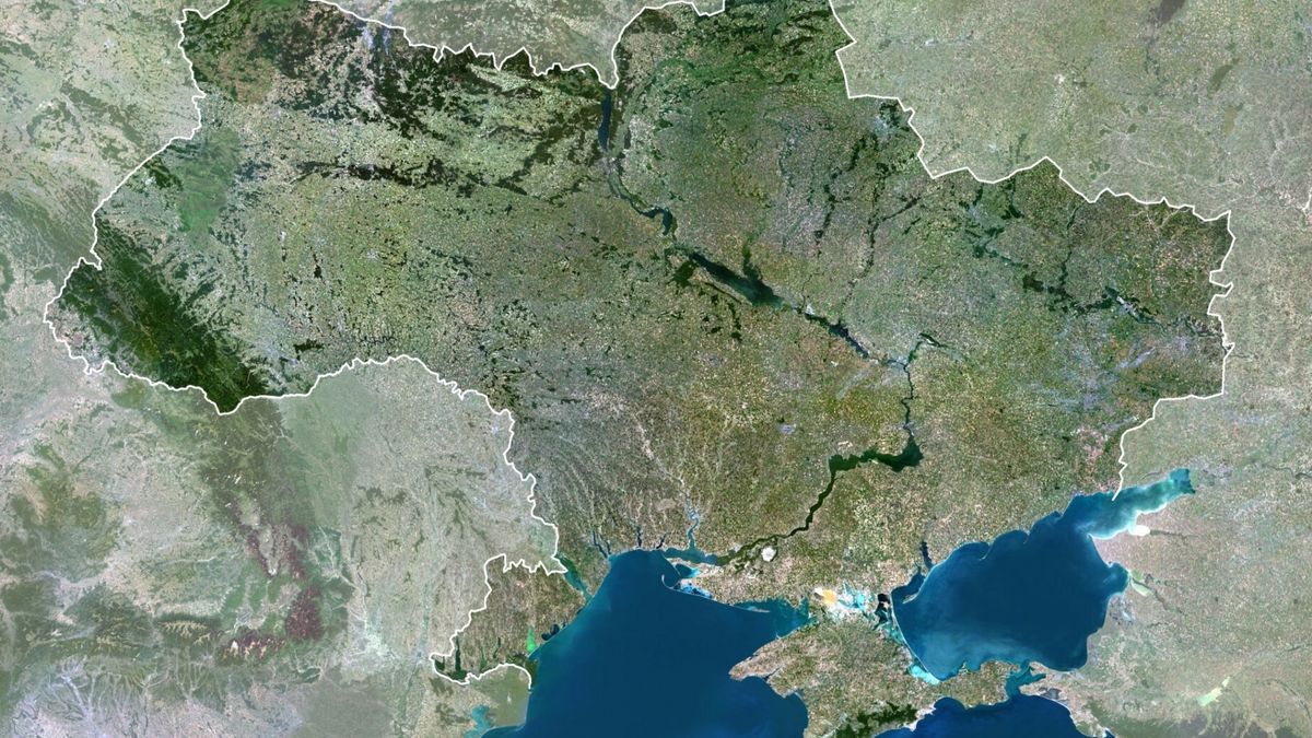 UIG Initial HDD August 2014 SateliteUkraine, Europe, True Colour Satellite Image With Border And Mask. Satellite view of Ukraine (with border and mask). This image was compiled from data acquired by LANDSAT 5 & 7 satellites.Satellite and Aerial Images/Universal Images Group