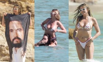 Heidi Klum w bikini wypoczywa z młodszym mężem nad oceanem, po czym wyciera się ręcznikiem z jego podobizną (ZDJĘCIA)