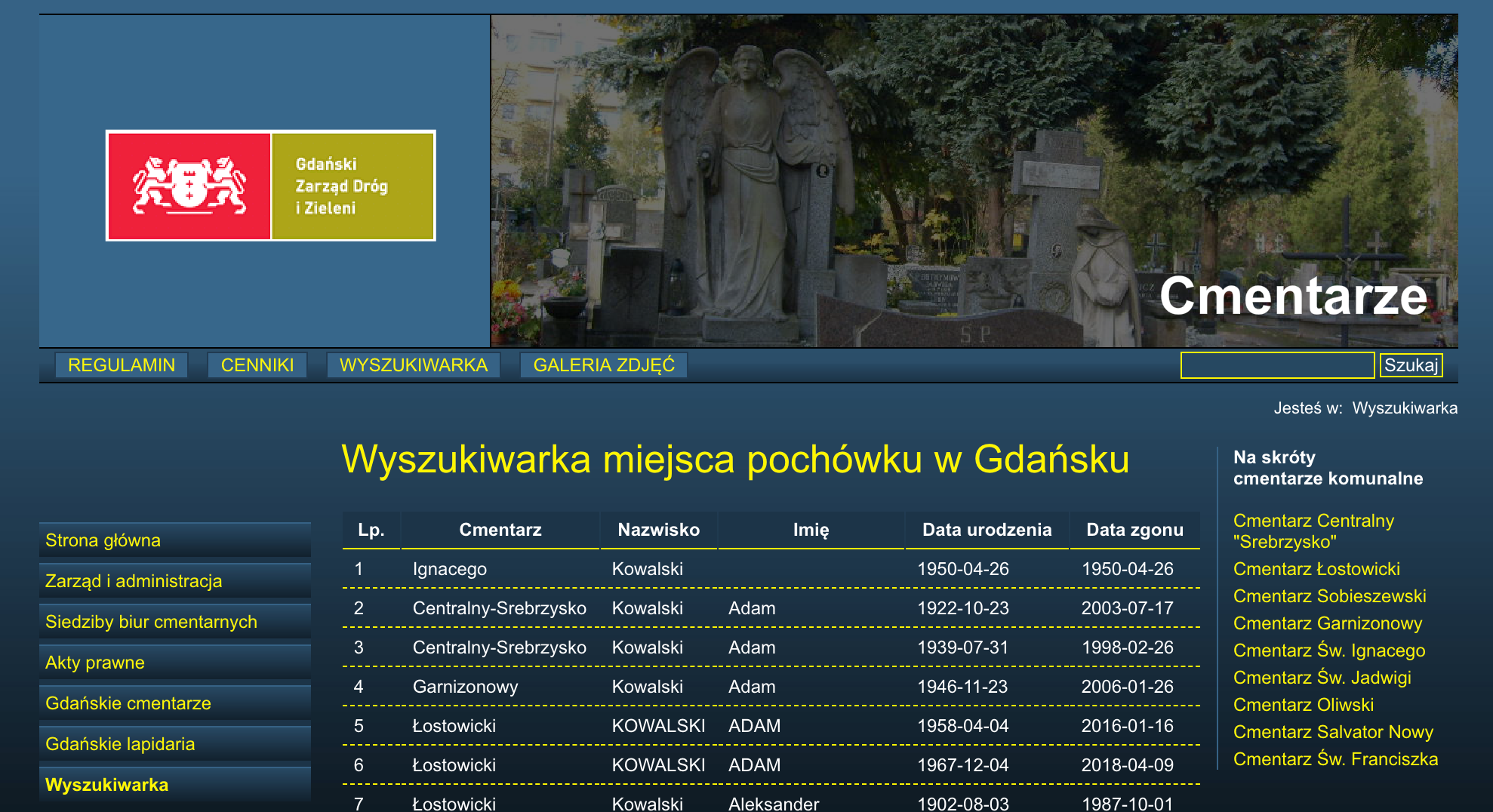 wyniki wyszukiwania na stronie Gdańskiego Zarządu Dróg i Zieleni