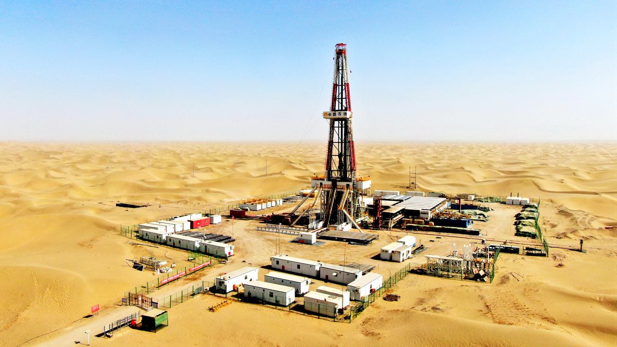Tarim Oilfield Completes Drilling Asia's Deepest Oil Well In Aksu
AKSU, CHINA - MARCH 09: Aerial view of an oil well of Tarim Oilfield at Taklimakan Desert in Shaya County on March 9, 2023 in Aksu Prefecture, Xinjiang Uygur Autonomous Region of China. An oil well at Tarim Oilfield was drilled to 9396 meters on March 9, breaking the record of the deepest horizontal oil well in Asia. (Photo by Tan Hui/VCG via Getty Images)
VCG
china, desert, the xinjiang uygur autonomous region, aksu prefecture