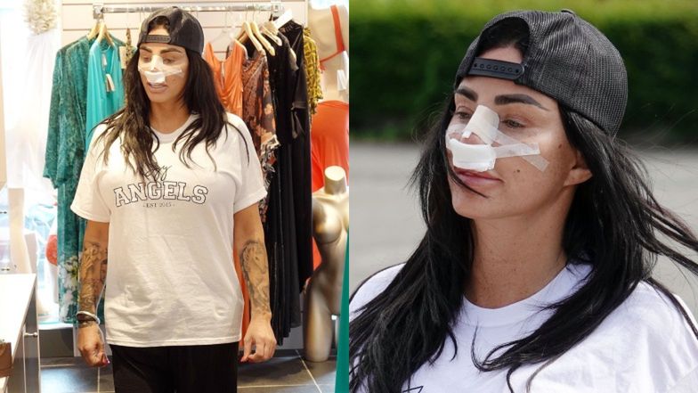 Dawno niewidziana Katie Price przyłapana z opatrunkami na twarzy po operacji plastycznej. Tym razem padło na nos (ZDJĘCIA)