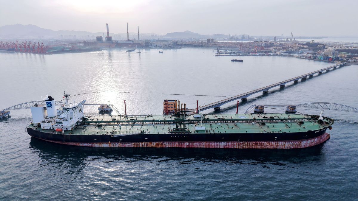 A tanker offloads imported crude oil at Qingdao Port in Shandong province, China, on March 12, 2025. (Photo by Costfoto/NurPhoto via Getty Images)