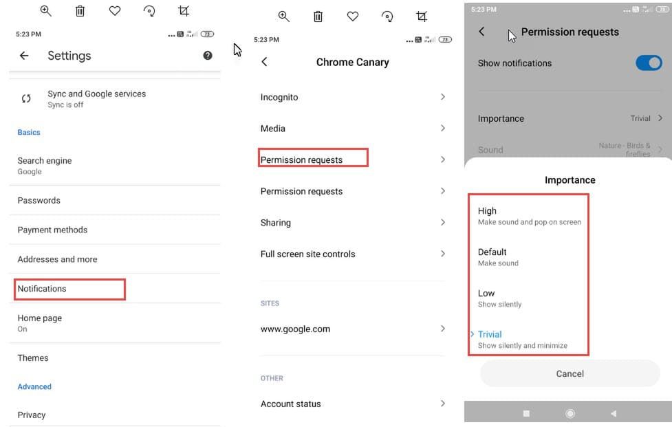 Nowe ustawienia powiadomień w Chrome Canary na Androidzie, źródło: TechDows.