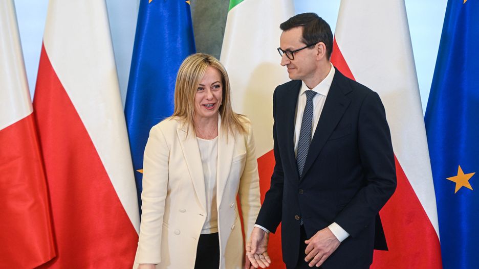WARSAW, POLAND - FEBRUARY 20: Poland's Prime Minister, Mateusz Morawiecki welcomes Italian Prime Minister Giorgia Meloni on February 20, 2023 in Warsaw, Poland. (Photo by Omar Marques/Anadolu Agency via Getty Images)