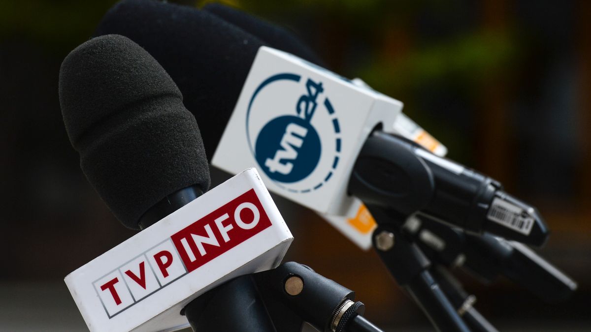 TVP INFO, TVN24, Polsat News microphones seen ready ahead of Wladyslaw Kosiniak-Kamysz press conference in Krakow. 
On Sunday, April 26, 2020, in Krakow, Poland. (Photo by Artur Widak/NurPhoto via Getty Images)
