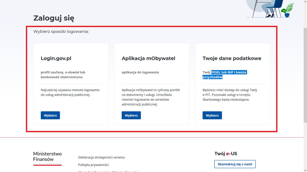 Wybór sposobu logowania do e-Urzędu Skarbowego