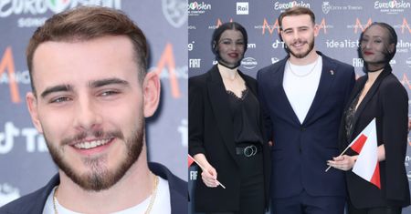 Eurowizja 2022. Krystian Ochman pozuje na turkusowym dywanie z "demonicznymi" tancerkami (ZDJĘCIA)