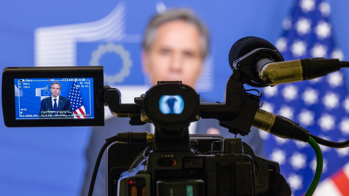 Antony Blinken, U.S. secretary of state, speaks during a news conference in the Berlaymont building in Brussels, Belgium, on Wednesday, March 24, 2021. The U.S. is maintaining the pressure on Germany over a new gas link to Russia, with Blinken insisting the Nord Stream 2 pipeline runs counter to the interests of the EU, and his government weighing additional sanctions to block its construction. Photographer: Olivier Matthys/Pool/Bloomberg via Getty Images