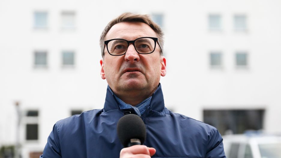 Prosecutor Mariusz Krason speaks during a protest in front of a court in support of judical indepencence in Poland. Krakow, Poland on January 18, 2022.  Some prominent judges have been suspended from their public office duties after they had protested against the governments overhaul of the judicial system, which has been condemned as a violation of the rule of law by a wide range of international institutions and expert bodies. (Photo by Beata Zawrzel/NurPhoto via Getty Images)