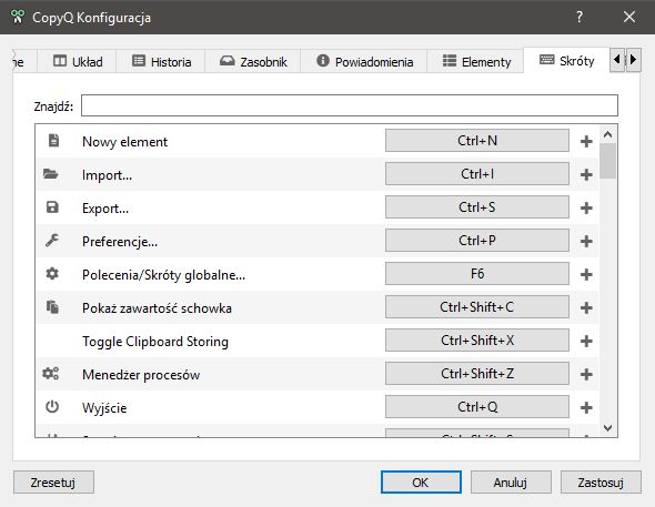 Wiele funkcji w programie można kontrolować skrótami klawiaturowymi.