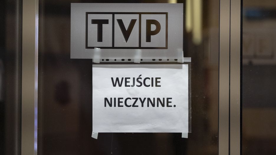 The blocked entrance to the TVP Info public broadcaster is seen  in Warsaw, Poland on 27 December, 2023. Management of public media institutions have been dismissed by the newly elected Donald Tusk led government on December 20th leading to protests as well as the occupying of media institutions by opposition MPs. Public media in the last eight years had been used as a government mouthpiece by the Eurosceptic Law and Justice party. (Photo by Jaap Arriens/NurPhoto via Getty Images)
