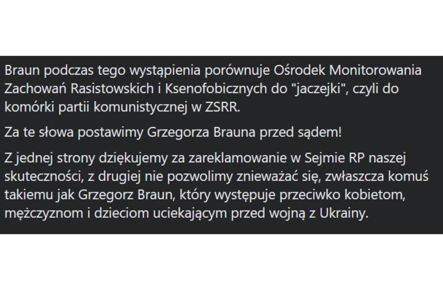 Wpis OMZRiK dotyczący Grzegorza Brauna