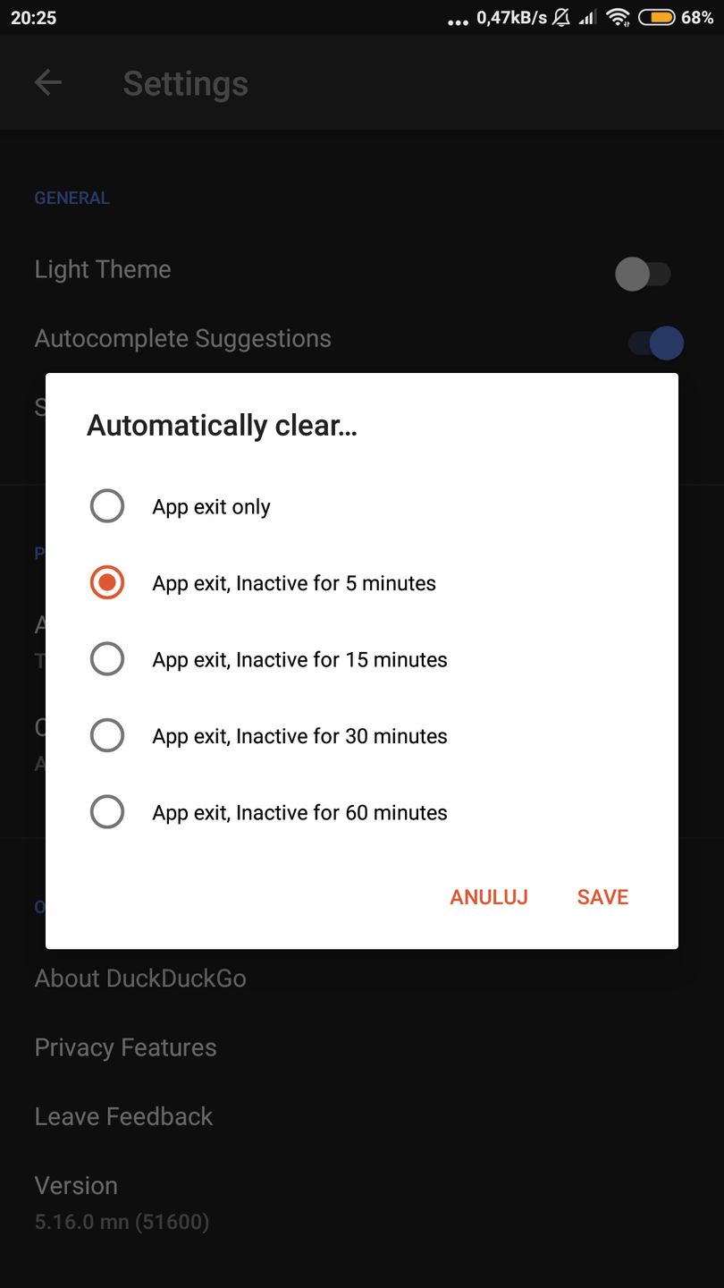 Automatyczne czyszczenie danych przeglądania w DuckDuckGo