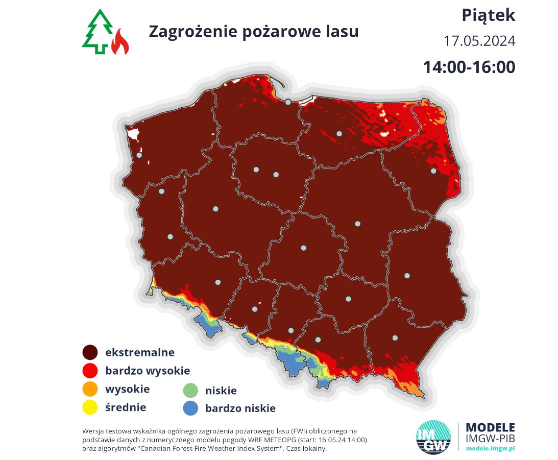 Mapa zagrożenia pożarowego na piątek (17.05.2024 r.), godz. 14-16