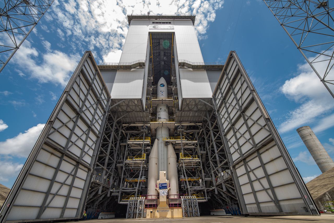 A test model of the Ariane 6 rocket, standing on the launch pad at the European Spaceport in French Guiana