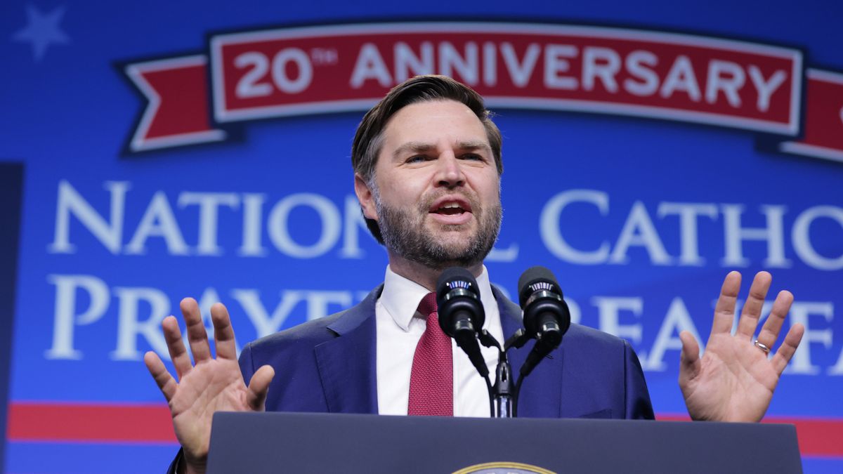Vice President JD Vance Speaks At The National Catholic Prayer Breakfast
WASHINGTON, DC - FEBRUARY 28: U.S. Vice President J.D. Vance speaks during the 20th annual National Catholic Prayer Breakfast at the Walter E. Washington Convention Center on February 28, 2025 in Washington, DC. During his remarks Vance spoke about his journey to becoming Catholic and how his faith has influenced his political career. (Photo by Anna Moneymaker/Getty Images)
Anna Moneymaker