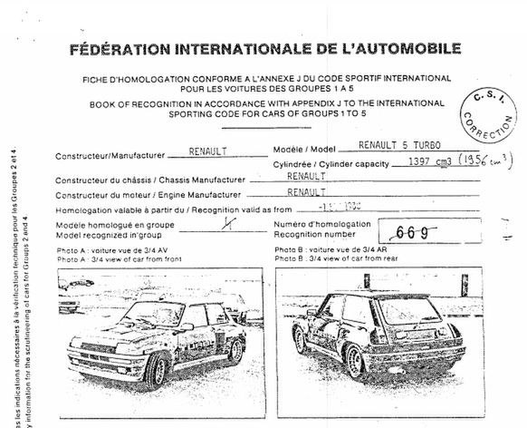 Homologacja Renault 5 Turbo