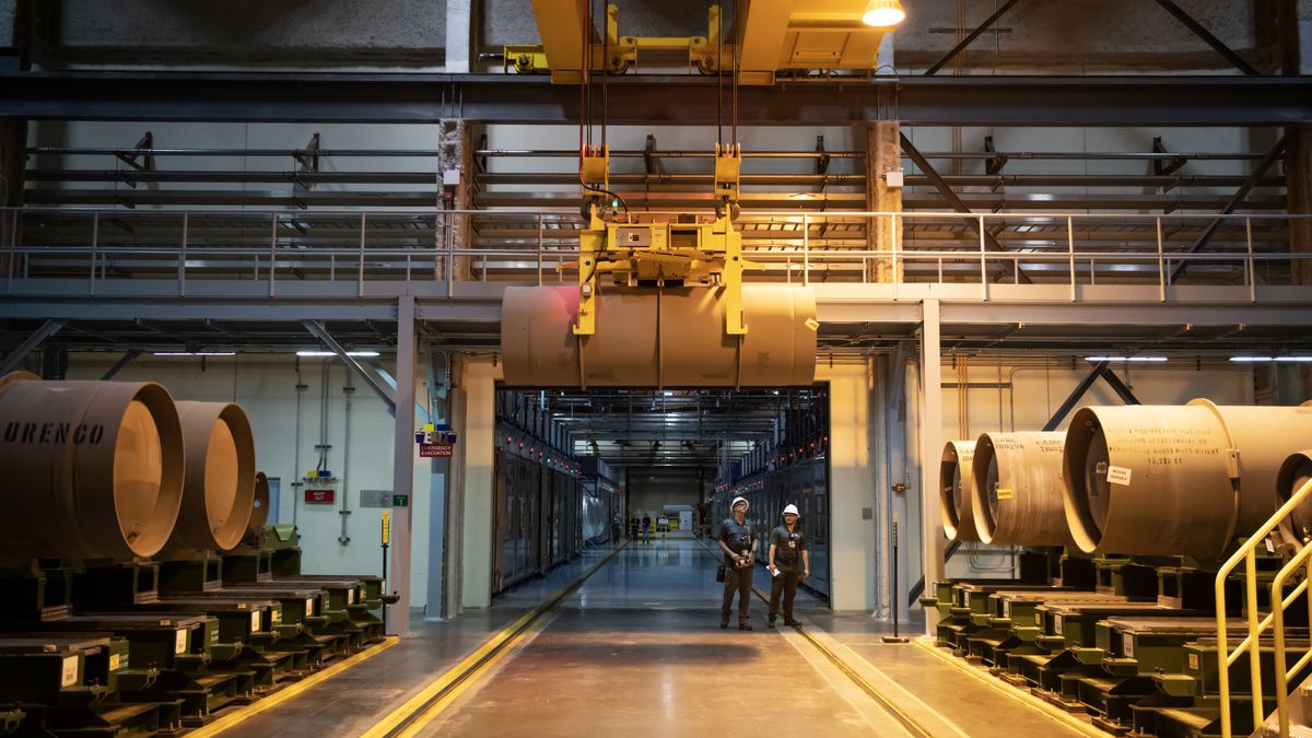 Canisters filled with uranium hexafluoride gas at the Urenco USA uranium enrichment facility near Eunice, New Mexico, US, on Tuesday, July 11, 2023. Russia's invasion of Ukraine is forcing the US and Europe to search for alternative sources of enriched uranium to power their reactors. Photographer: Mark Felix/Bloomberg via Getty Images