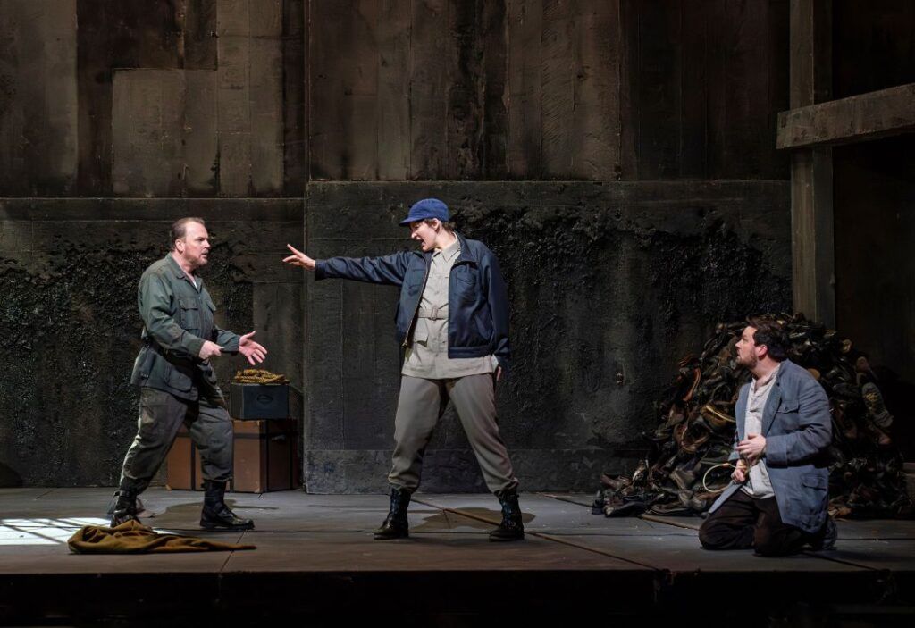 Tomasz Konieczny as Don Pizarro, Lise Davidsen as Leonore, and David Butt Philip as Florestan in Beethoven’s "Fidelio." Photo: Karen Almond / Met Opera