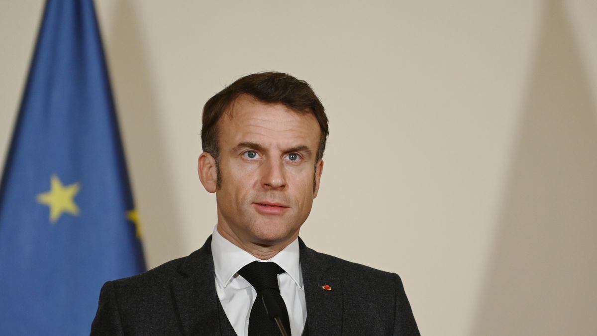 PRAGUE, CZECH REPUBLIC - 2024/03/05: French president Emmanuel Macron is seen during a joint press conference after meeting with Czech prime minister Petr Fiala (Not in view) in Prague. President of France Emmanuel Macron meets with Prime minister of the Czech Republic during his visit to the Czech Republic. During the meeting, main discussed point are cooperation in defence, energy and Russian aggression in Ukraine. (Photo by Tomas Tkacik/SOPA Images/LightRocket via Getty Images)