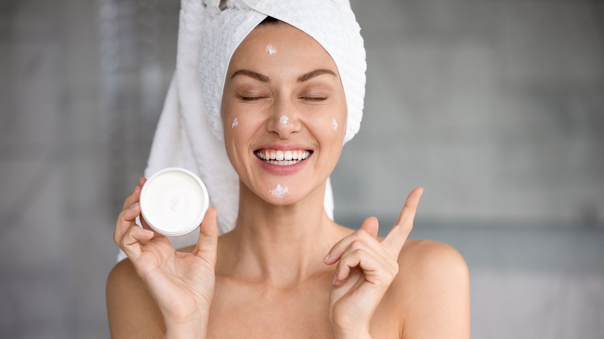 Funny attractive woman hold cream jar point at copy space
Funny smiling attractive young woman with towel on head creme on face eyes closed hold cream jar point finger at copy space advertise healthy dry skin care moisturizing beauty spa treatment concept
adult, advertising, age, applying, bathroom, beauty, care, clean, clear, closeup, concept, cosmetics, cream, creme, day, face, facial, female, fresh, fun, girl, hand, happy, health, healthy, hydration, laughing, lifestyle, lifting, lotion, luxury, moisturizing, morning, natural, people, person, pointing, pretty, product, rejuvenation, skin, skincare, smile, soft, towel, treatment, wellness, white, woman, wrinkle