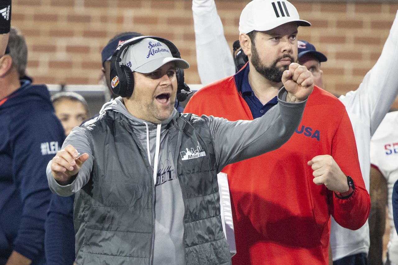 MOBILE, ALABAMA - DECEMBER 23: Head coach Kane Wommack of the South Alabama Jaguars during their game against the Eastern Michigan Eagles in the 68 Ventures Bowl at Hancock Whitney Stadium on December 23, 2023 in Mobile, Alabama. (Photo by Michael Chang/Getty Images)