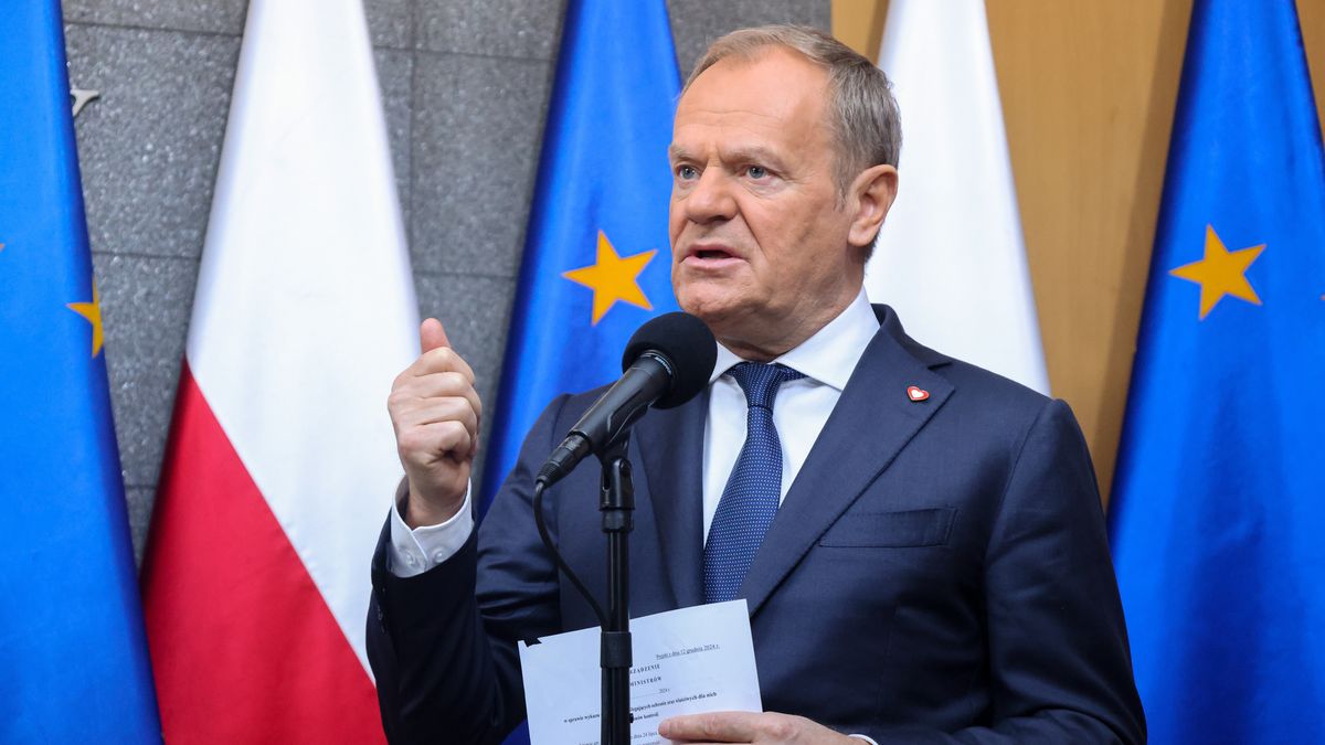 Warszawa, 18.12.2024. Premier Donald Tusk podczas oświadczenia dla mediów na lotnisku Okęcie w Warszawie, 18 bm. Premier udaje się do Brukseli, gdzie weźmie udział w jednodniowym szczycie Unia Europejska-Bałkany Zachodnie. (sko) PAP/Albert Zawada