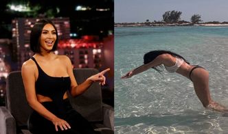 Kim Kardashian w skąpym bikini daje nura w wodzie po kolana. Internauci kpią: "Dziewczyno, GDZIE TY SKACZESZ?" (ZDJĘCIA)